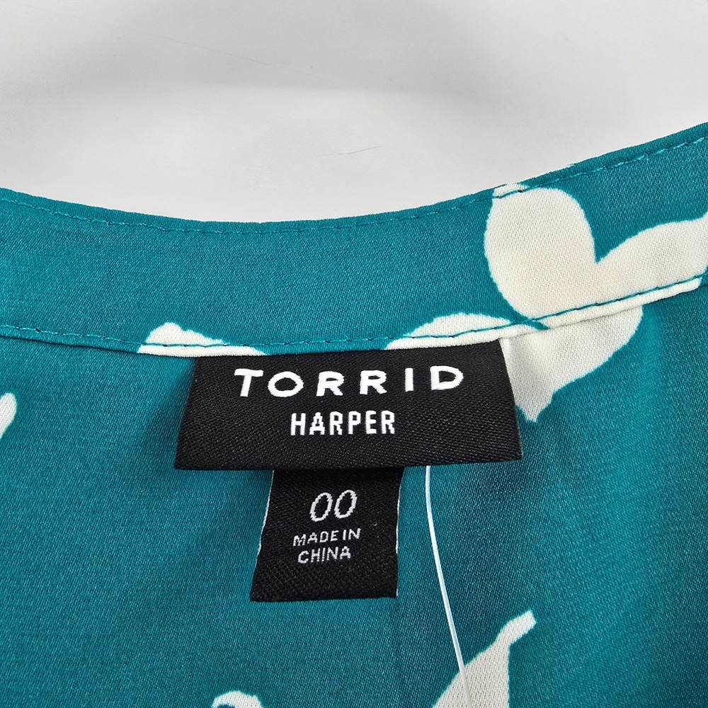 New Torrid Harper Teal Green White Floral Flutter‎ Sleeve Blouse Size 00 M/L 10 - Picture 5 of 11
